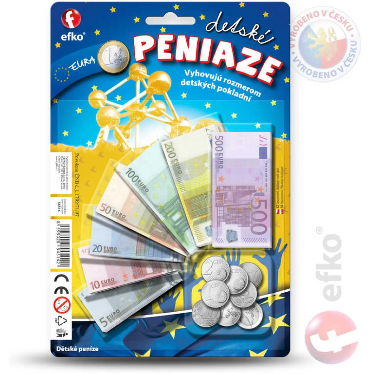 EFKO Peníze dětské EURO bankovky a mince na kartě