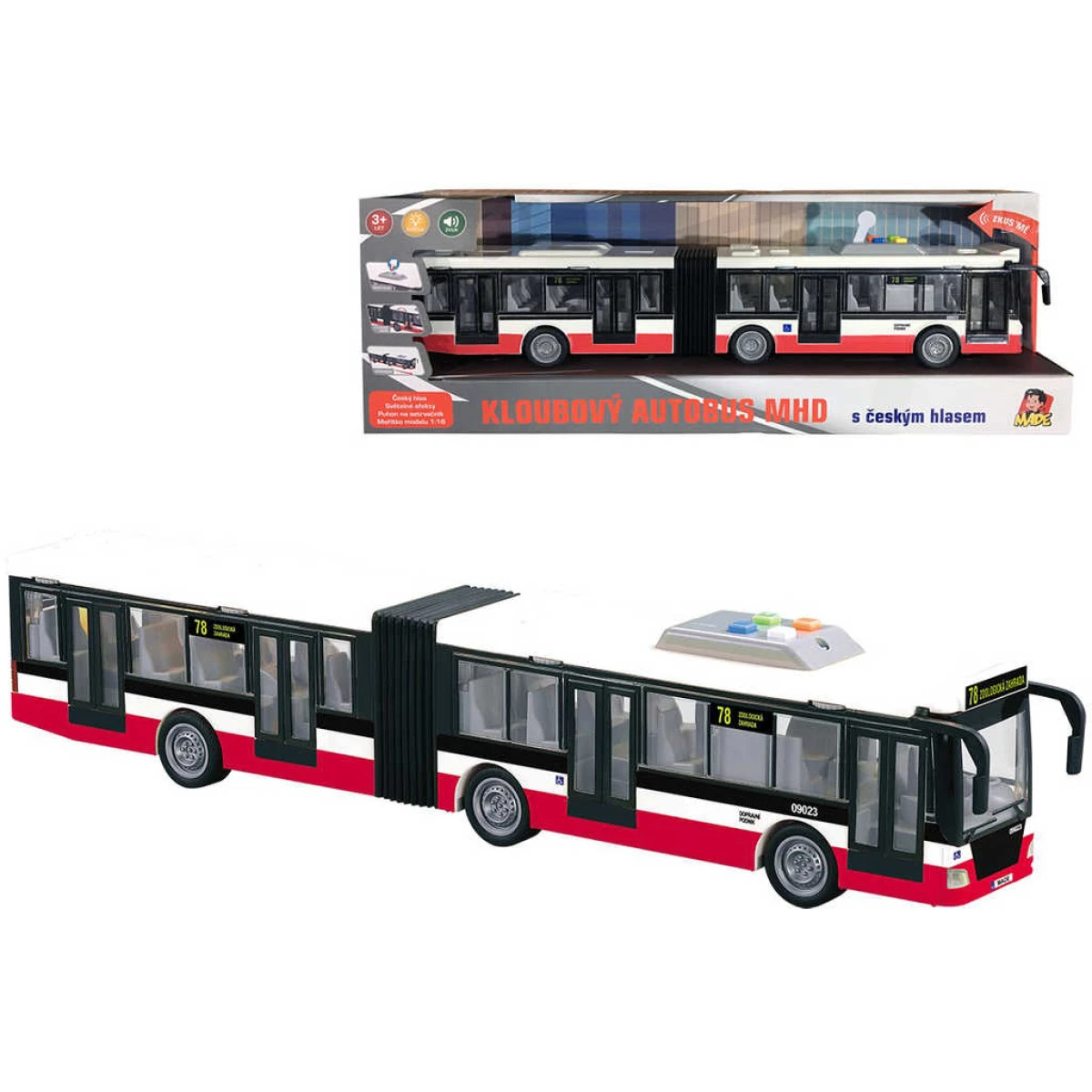 Autobus kloubový MHD český na setrvačník hlásí stanice na bateri