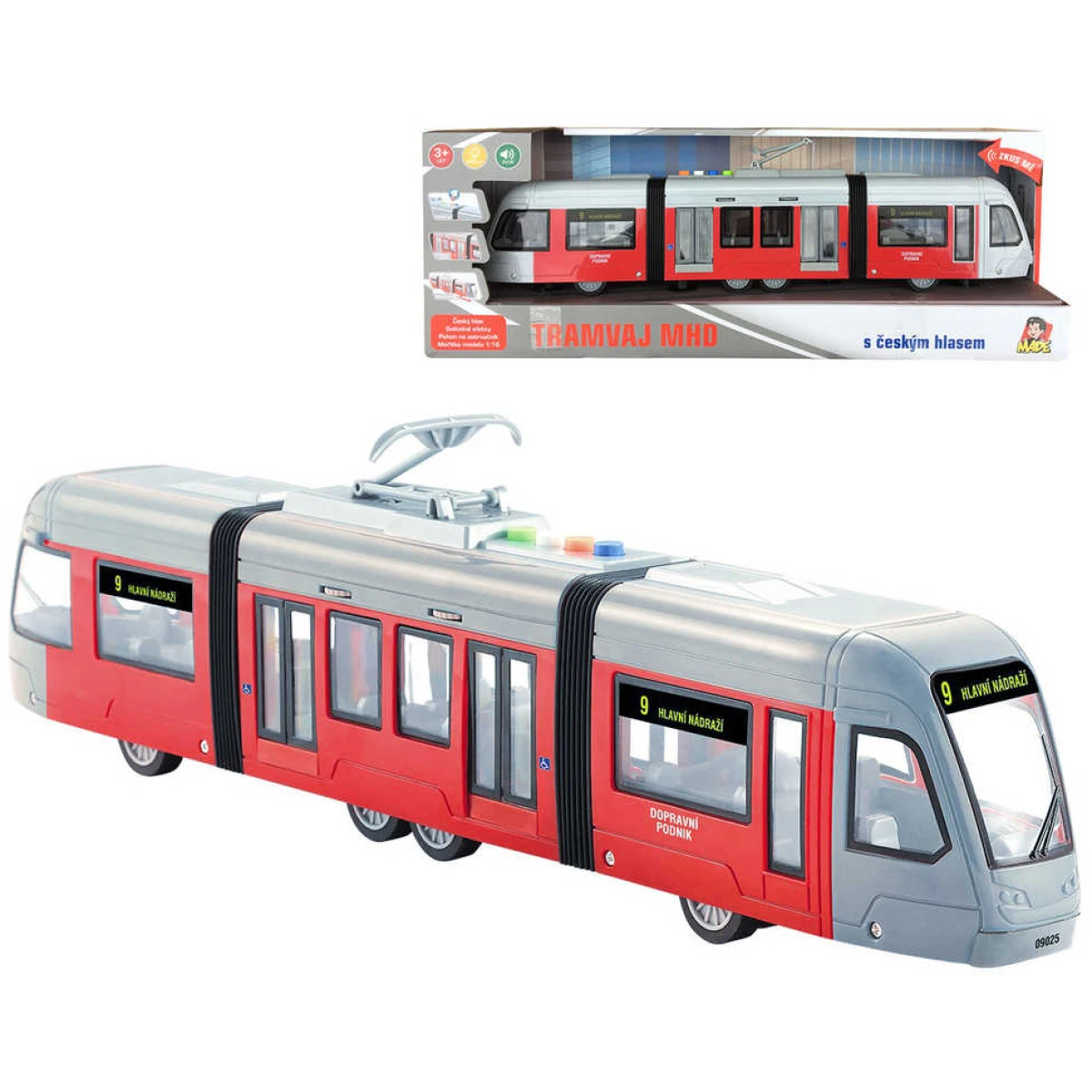 Tramvaj MHD česká na setrvačník hlásí stanice na baterie Světlo 