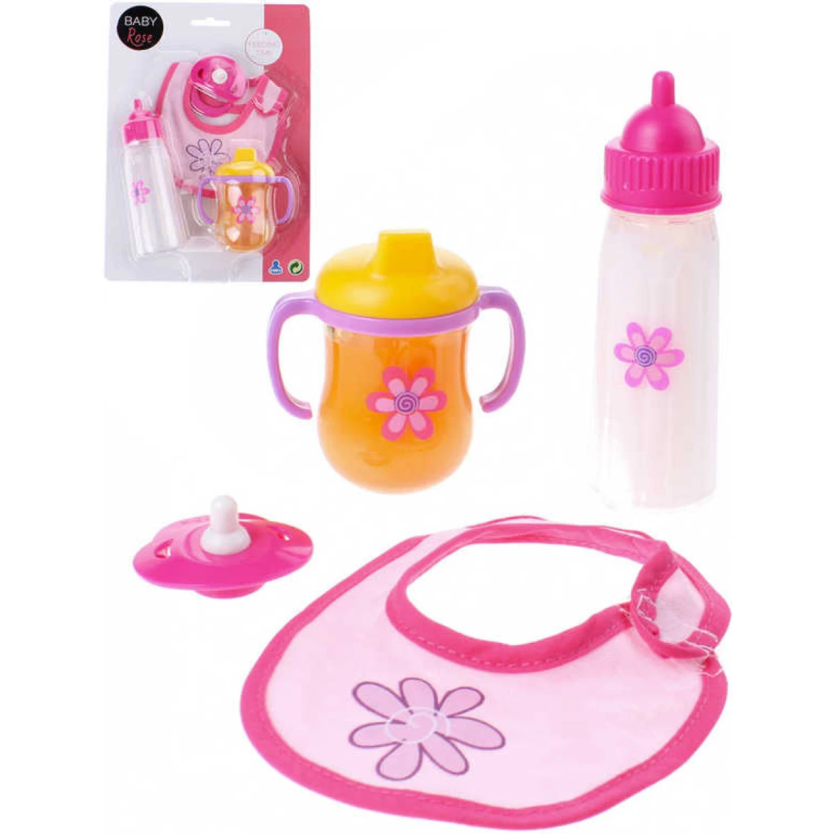 Baby Rose set pro panenku miminko na krmení s lahvičkou a bryndá