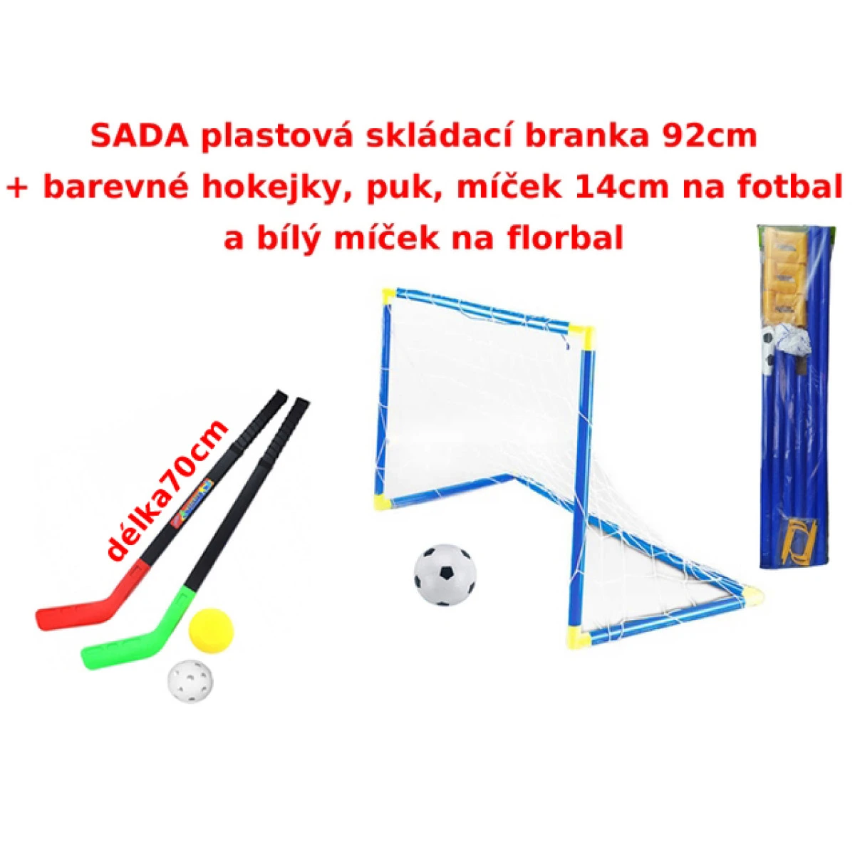 VELKÁ SADA var. 2 skládací branka 92cm, hokejky, puk, míčky