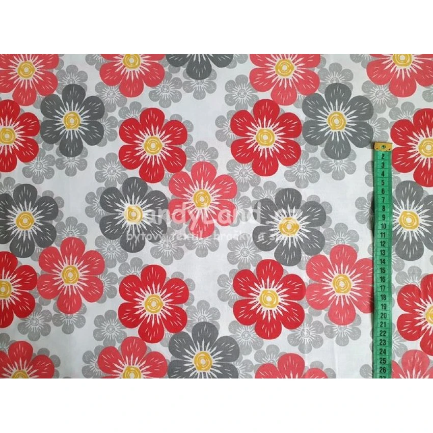 Bavlněná látka metráž šíře 240 cm - Květy červené/šedé