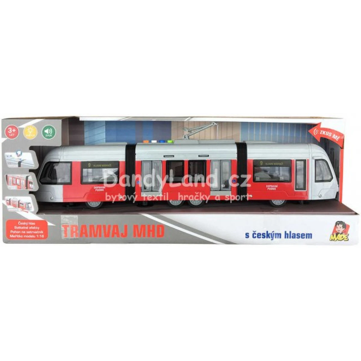 Tramvaj MHD česká na setrvačník hlásí stanice na baterie Světlo 
