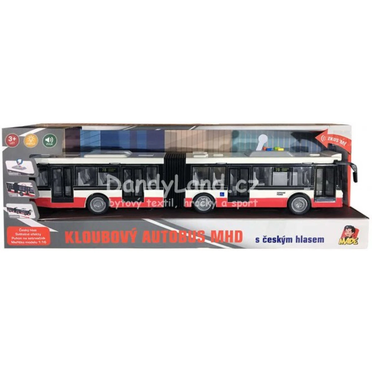 Autobus kloubový MHD český na setrvačník hlásí stanice na bateri