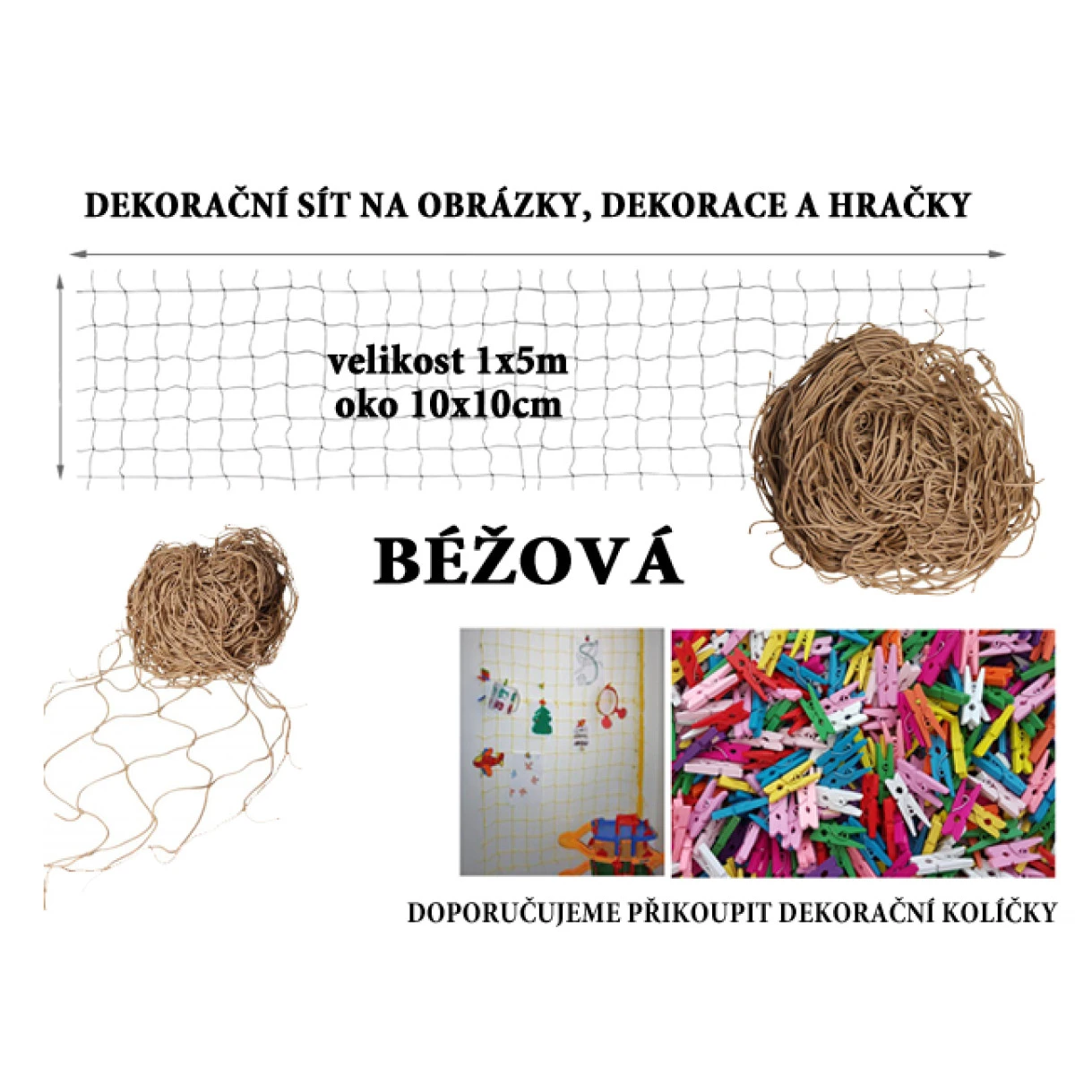 Béžová dekorační síť 5x1m oko 10x10cm