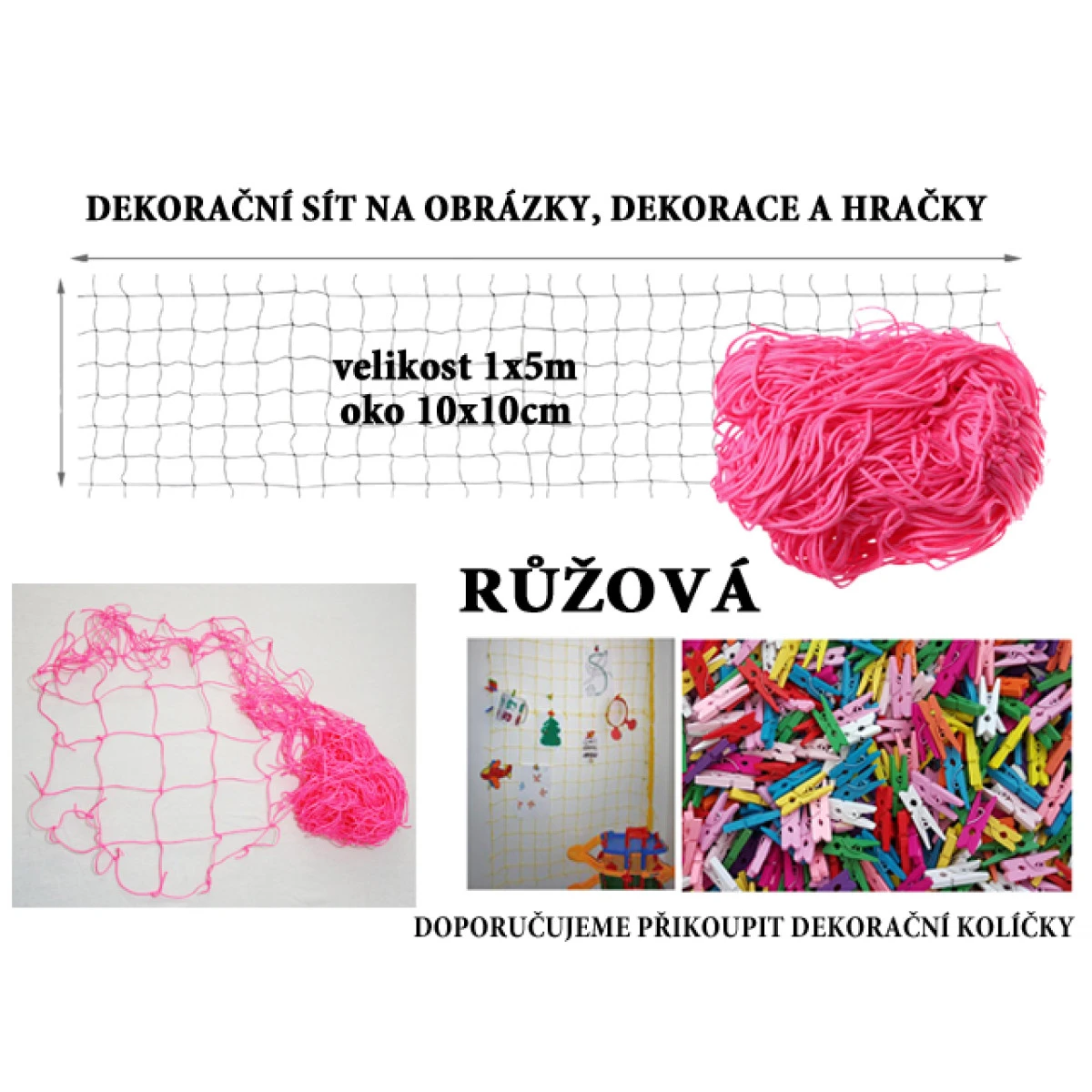 Růžová dekorační síť 5x1m oko 10x10cm