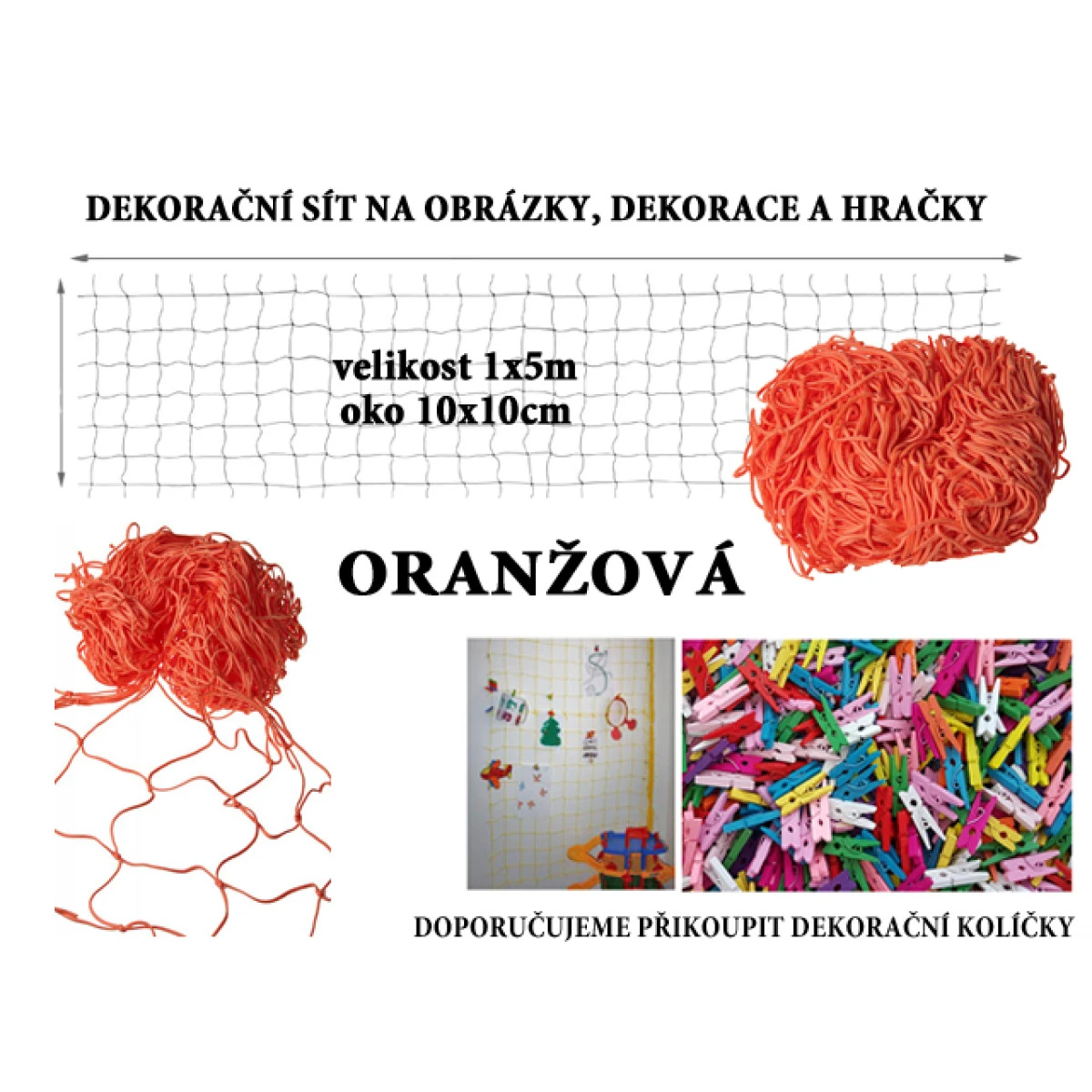 Oranžová dekorační síť 5x1m oko 10x10cm
