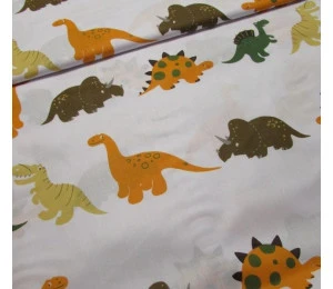 Bavlněná látka metráž - Dinosauři hnědá-oranžová